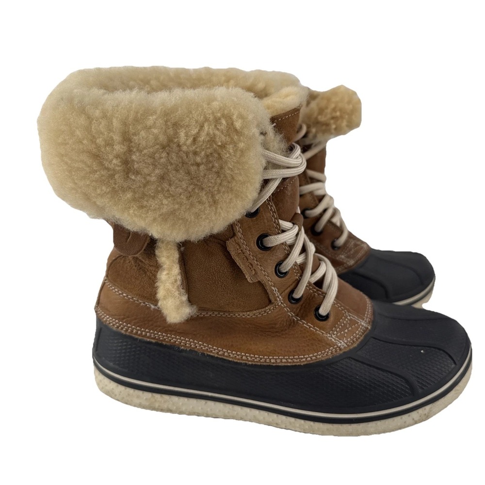 Crocs AllCast Luxe Duck Boots Women 7 Brown Faux Shearling Winter Waterproof